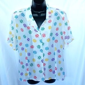 Vtg. Shapely semi-sheer printed blouse button down Sz 12,  shoulder pads